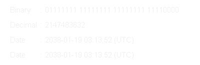 Пример, показывающий сброс даты (в 03:14:08 UTC 19 января 2038 года).